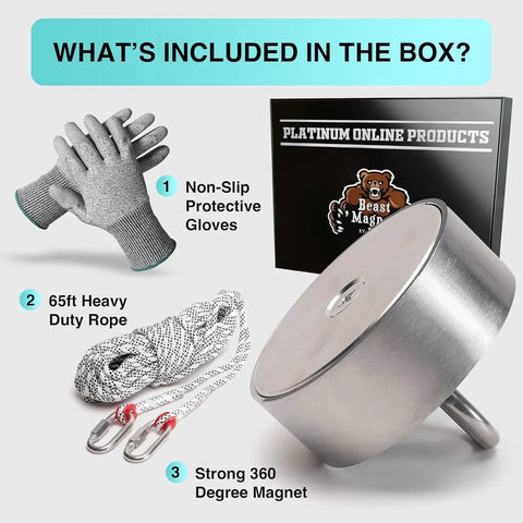 Heavy Duty 3000lb 360 Degree Magnet Fishing Kit With 360 Neodymium N52 Magnets, 65Ft Durable Rope, Carabiner And Gloves