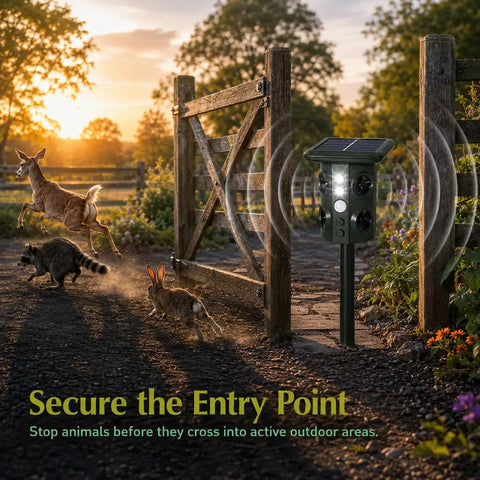 Outdoor Ultrasonic Animal Deterrent With Motion Sensor, Solar Powered Pest Repeller, 3 In 1 System With Ultrasound, Flashing LED Light, And Ground Vibration To Deter Snakes, Moles, Voles, And Gophers In Your Yard near garden gate