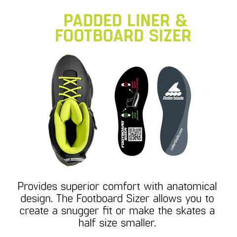 Lightning Men's Urban Inline Skates For City Cruising And Commuting And Fitness, Black Lime, top view with padded liner and footboard sizer.