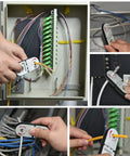 Universal Network Wire Stripping Tool For Cat5e To Cat8, Coaxial Cable Stripper shown in use on various cables in a network setup.