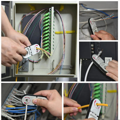 Universal Network Wire Stripping Tool For Cat5e To Cat8, Coaxial Cable Stripper shown in use on various cables in a network setup.