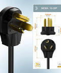 Close-up view of a NEMA 10-30P connector dimensions for 10 30P To 6 20R Dryer Adapter 30 Amp 125 250 Volt Heavy Duty 1 Foot Cord 12 AWG