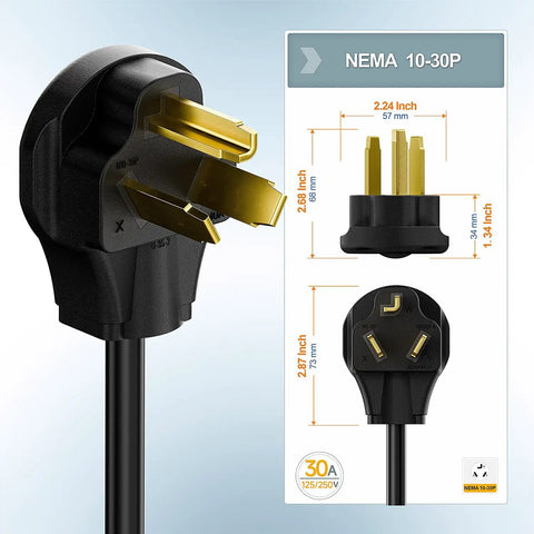 Close-up view of a NEMA 10-30P connector dimensions for 10 30P To 6 20R Dryer Adapter 30 Amp 125 250 Volt Heavy Duty 1 Foot Cord 12 AWG