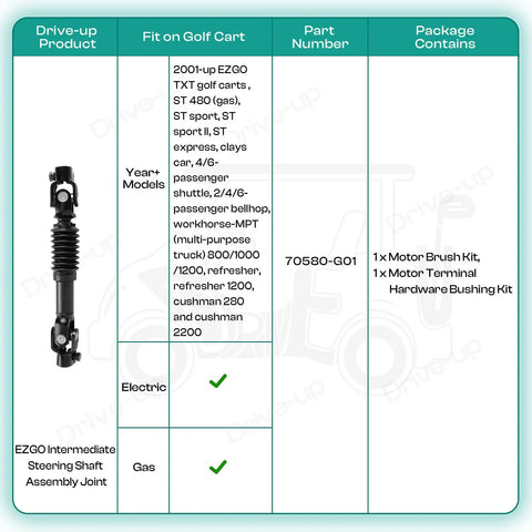 EZGO TXT Golf Cart Steering Shaft Assembly Joint Replacement For 2001 And Up Models 70580-G01, black metal shaft