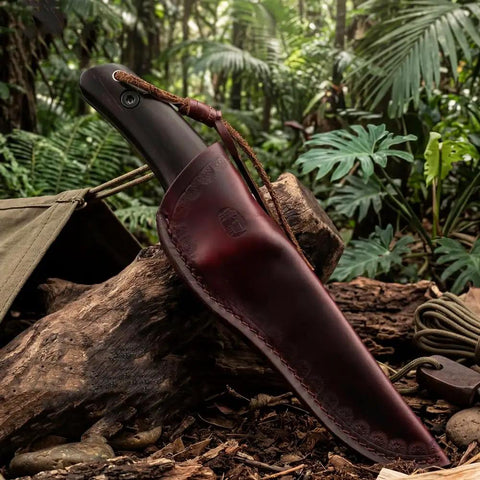 Fixed Blade Knife With Rosewood Handle And Leather Sheath For Outdoor Use VG10 Steel Blade 3.74 Inch Cutting Edge in forest