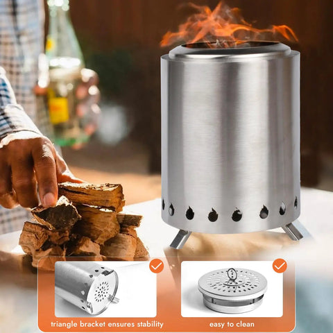 Stainless Steel Pellet Tabletop Fire Pit 7 Inch Mini Outdoor Fire Pit With Removable Ash Pan, ideal for patios and camping.