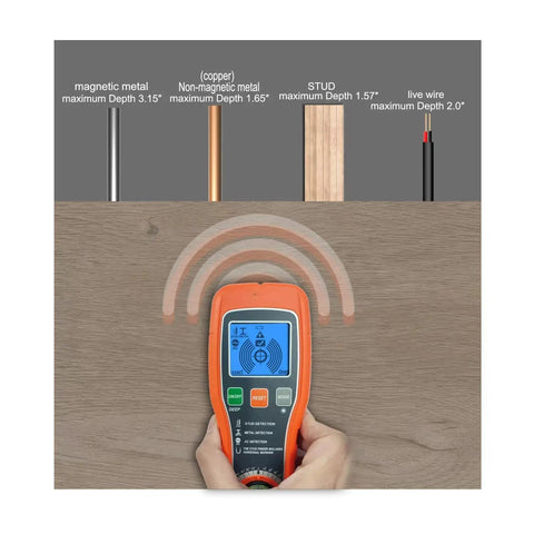 Heavy Duty 5 In 1 Stud Finder Wall Scanner With Bright LCD Panel And Smart Chip To Zero In On Wood Joists AC Cables And Metal Buried Depth No Sweat While Delivering Major Bang For Your Buck Value