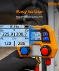 Digital HVAC Manifold Gauge Set DMG2SE With Hoses And R410A Adapters For Fast Onsite Diagnostics No Nonsense Readouts Instant High And Low Side Saturation Readouts And Precise System Troubleshooting, orange digital manifold display