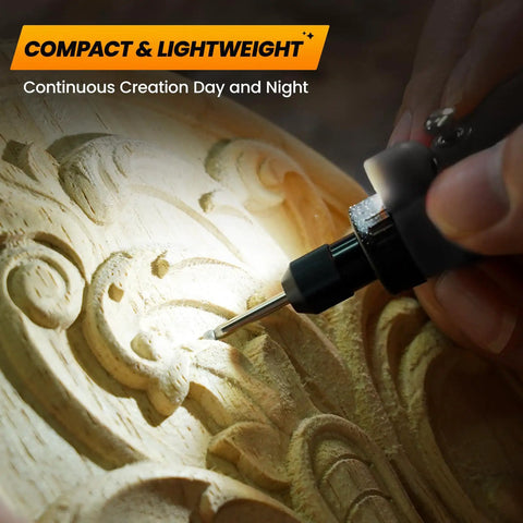 Close-up of Slick Cordless Rotary Tool With Five Speed Settings And Rechargeable 3.7V Battery carving intricate wood design.