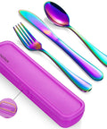 4 Piece Stainless Steel Travel Utensils Set with reinforced case, rainbow finish fork, knife, spoon, and storage case