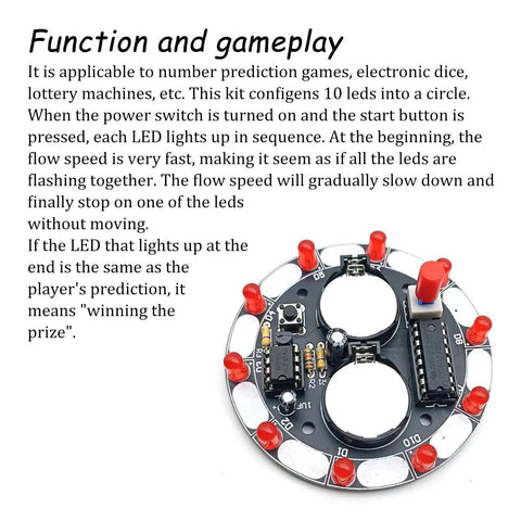 Two Pack NE555 Electronics Kit For Soldering Practice And LED Prize Wheel Project, showing LED board with red lights