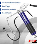 Heavy Duty Grease Gun Kit With 6000 PSI Power, 18 Inch Flexible Hose, 2 Fixed Tubes, 3 Nozzles, 14 Oz Load, All In One Pro Grade Kit