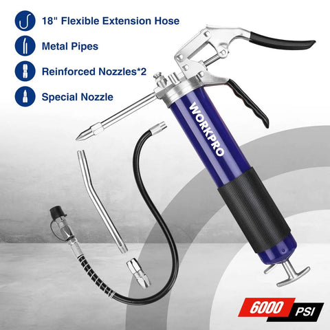 Heavy Duty Grease Gun Kit With 6000 PSI Power, 18 Inch Flexible Hose, 2 Fixed Tubes, 3 Nozzles, 14 Oz Load, All In One Pro Grade Kit
