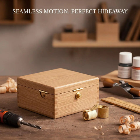 Gold Finish Hidden Barrel Hinge For Woodworking And Cabinets 180 Degree Pivot Inside Mount on wood box with tools