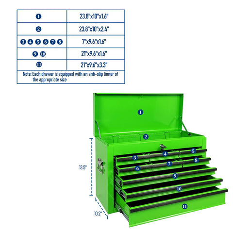 Dimensions of 24 Inch Heavy Duty Steel Tool Box With Nine Lockable Drawers Solid Reinforced Metal Tool Chest Green.