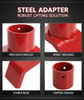 Heavy Duty Steel Bottle Jack Adapter 2 In 1 Red Lifting Axle Cradle showing precision drilled, robust welding, stable base, unified design.