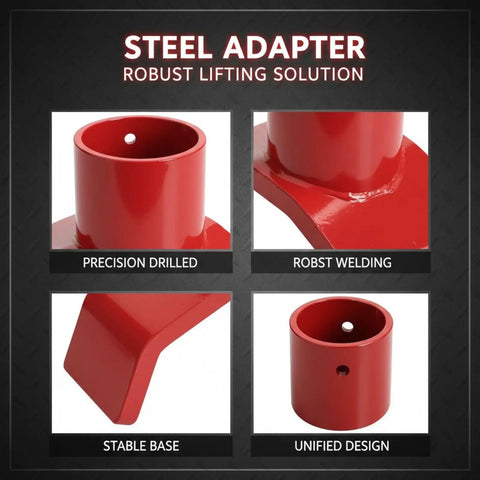 Heavy Duty Steel Bottle Jack Adapter 2 In 1 Red Lifting Axle Cradle showing precision drilled, robust welding, stable base, unified design.