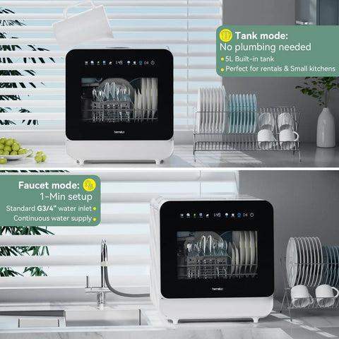 No Sweat Compact Countertop Dishwasher For Apartments Dorms And Rv With Five Place Setting Capacity, displayed with dishes and setup options.