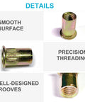 Rivet nut made of galvanized carbon steel with knurled exterior and threaded interior; flat head.