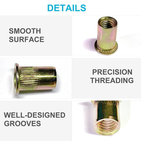 Rivet nut made of galvanized carbon steel with knurled exterior and threaded interior; flat head.