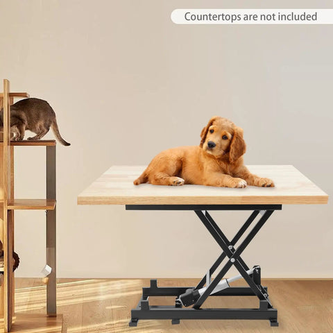 Heavy Duty 350lb Electric Scissor Lift Table With Adjustable Hydraulic Platform For Raising Heavy Loads To Perfect Working Height In Any Garage Shop Or Warehouse with a golden retriever on top.