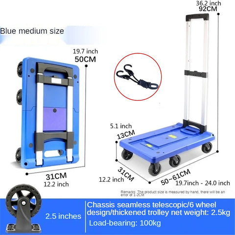 Heavy Duty Foldable Push Hand Cart With Retractable Aluminum Handle And Smooth Roll Wheels For Storage Moves And Workshop Toting Built Tough As Nails To Bust Heavy Loads Without Stress, blue, medium size, 50x31x92cm.
