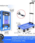 Lightweight Folding Platform Truck With Retractable Handle For No Sweat Daily Grind Hauling And Home Moving Projects Compact Blue Heavy Duty Hand Cart Dolly, showing dimensions and features.