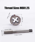 M8 X 1.25mm Tap And Die Set Built Tough In High Speed Steel HSS6542 shown with detailed measurements
