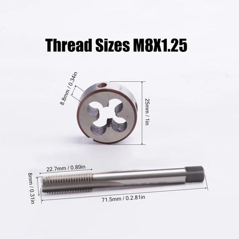 M8 X 1.25mm Tap And Die Set Built Tough In High Speed Steel HSS6542 shown with detailed measurements
