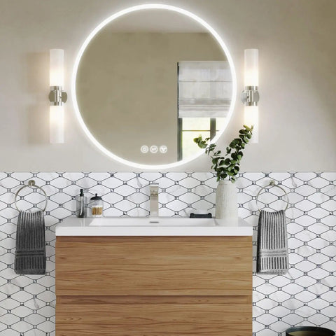 Bathroom with Calacatta Style Peel and Stick Backsplash Tiles 10 Sheets Self Adhesive Aluminum Composite Glass Mosaic