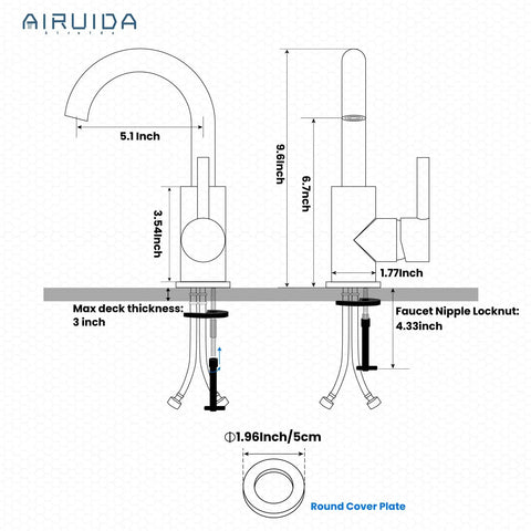 Technical drawing of Matte Black Single Hole Bathroom Faucet With 360 Degree Swivel Spout, showing dimensions.