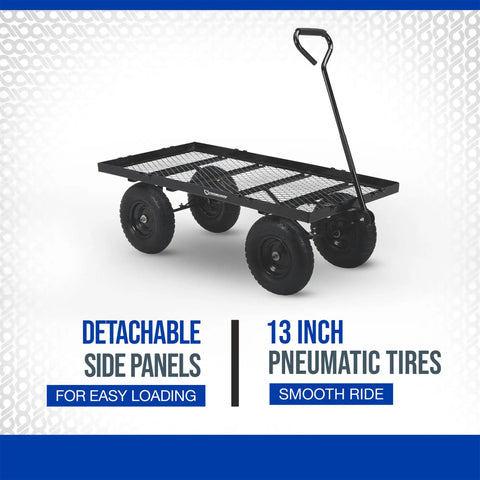 Heavy Duty Steel Jumbo Garden Wagon With Removable Sides, 1400 Lb Capacity, 50 Inch Bed, 13 Inch Pneumatic Tires, Fold Down Panels