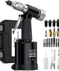 Your Go To Heavy Duty Pneumatic Hydraulic Rivet Nut Set Kit With Eight Mandrels For M4 M5 M6 M8 M10 And Quarter Inch Five Sixteenths And Three Eighths Nuts Includes Storage Case Built For DIY Projects Marine Repairs And Pro Garage Work with case and tools visible.