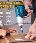 Drilling deck screws into wood with a power tool, ideal for exterior projects like decking and fencing.
