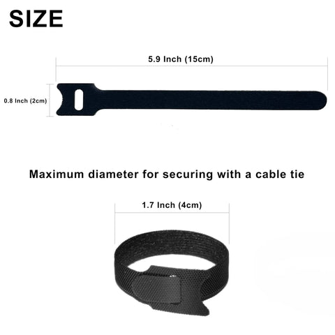 Reusable 6 Inch Hook and Loop Cable Ties for Cable Management showing size dimensions and secured form