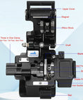 Heavy-Duty Optical Fiber Cleaver Machine With Precise 0.5 Degree Cutting Angle, showing components like blade holder and three in one clamp.