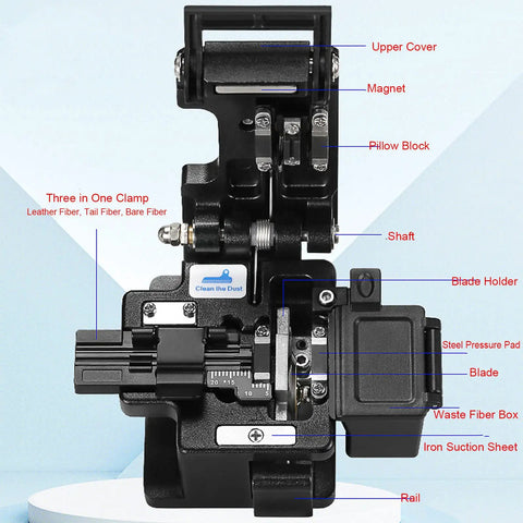 Heavy-Duty Optical Fiber Cleaver Machine With Precise 0.5 Degree Cutting Angle, showing components like blade holder and three in one clamp.