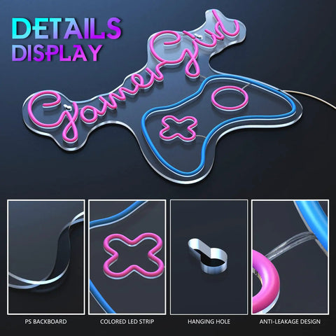 Dimmable Neon Sign With USB Power Live On Air LED Light 'Gamer Girl' design on acrylic board for bedroom wall gaming decor.