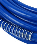 Close-up of blue coiled hose part of 65 Ft Airless Spray Gun Hose Kit With 8 Inch Extension Pole Tip Guard 517 Tip 3600 Psi Max 1 Quarter Inch Airless Paint Spray Hose Blue 20 Meter For Primers Stains Varnishes Latex DIY