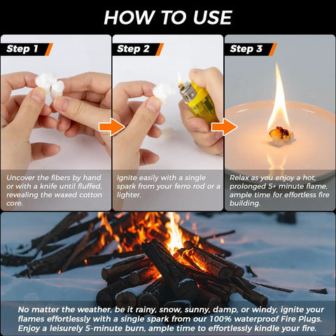 Fast Fire Starter Kit With 25 Fire Plugs For Quick Campfire Ignition Survival Gear instructional steps using fire plugs