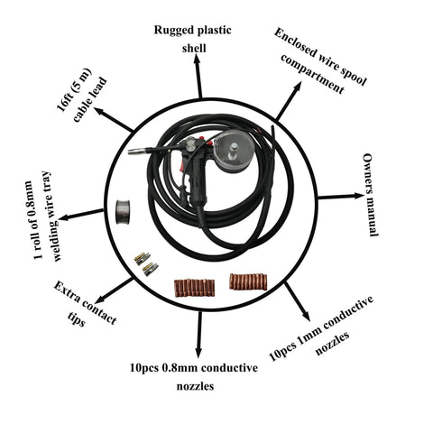 Aluminum Spool Gun for Miller 210 Spoolmate 3035 with 5M cable, DC24V, showing components including nozzles, cable lead, and manual.