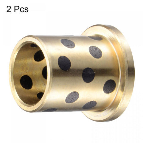 Rock Solid Flanged Sleeve Bearings At 16mm Bore With 20mm Od Measuring 25mm Long showing brass bushing with holes for lubrication.