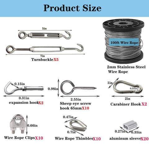 Heavy Duty 1/16 Inch 304 Stainless Steel Wire Rope Kit With 100ft Vinyl Coated Aircraft Cable, components layout