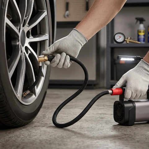 Flexible Silicone Tire Inflator Extension Hose With Quick Clip Chuck Reaches Tight Valve Stems On Cars And Trucks Effortlessly Handles During Roadside Emergencies Or Garage Jobs Avoids Awkward Bending Inside Cramped Wheel Wells 16 Inch Connector, used on car tire