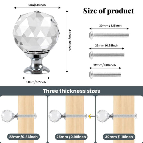 Six Pack Clear Crystal Glass Diamond Door Knob Set For Cabinets And Dressers with screws and size dimensions