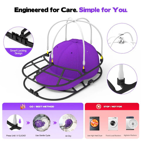 Hat Washer Cage For Washing Machines And Dishwashers, featuring smart locking design and care instructions, with purple baseball hat inside.