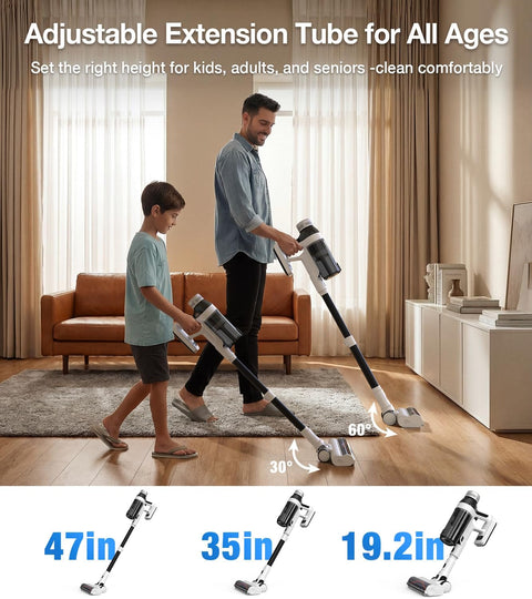 Father and son using Cordless Vacuum Cleaner With 55 Minutes Runtime 15 In 1 Self Standing Stick Vacuum on carpet