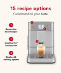 Premium Stainless Steel Fully Automatic Espresso Maker With 15 Signature Drink Recipes Removable Bean Hopper And Easy Touch Controls, featuring touchscreen and milk delivery.