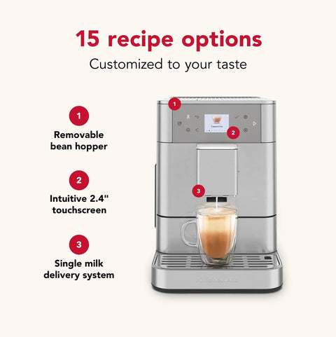 Premium Stainless Steel Fully Automatic Espresso Maker With 15 Signature Drink Recipes Removable Bean Hopper And Easy Touch Controls, featuring touchscreen and milk delivery.