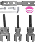 Heavy Duty Integrated Internal And External Pipe Threading Tool Set With 1/2" 3/4" 1" Dies Broken Bolt Extractor And Adhesive Tape components including two pipe threading dies, bolts, and an Allen key.